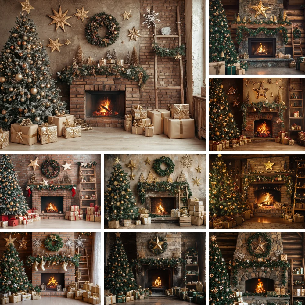 fundo-fotografico-rustico-de-lareira-de-tijolos-com-estrela-dourada-Arvore-de-natal-e-presentes-para-sessoes-de-fotos-de-inverno