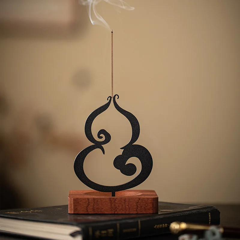 Creative Gourd Incense Holder, Wooden Base Metal Incense Stand, Sandalwood Incense Tray, Tea Room Decor, Tea Table Ornament