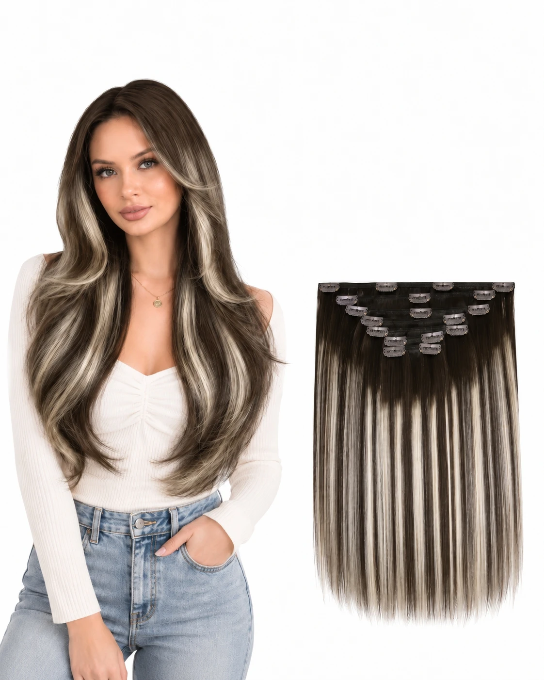 Full Shine Clip on Human Hair Extensions 7 Pcs Balayage color Weave Clip in 100% Real Straight Hair for Women