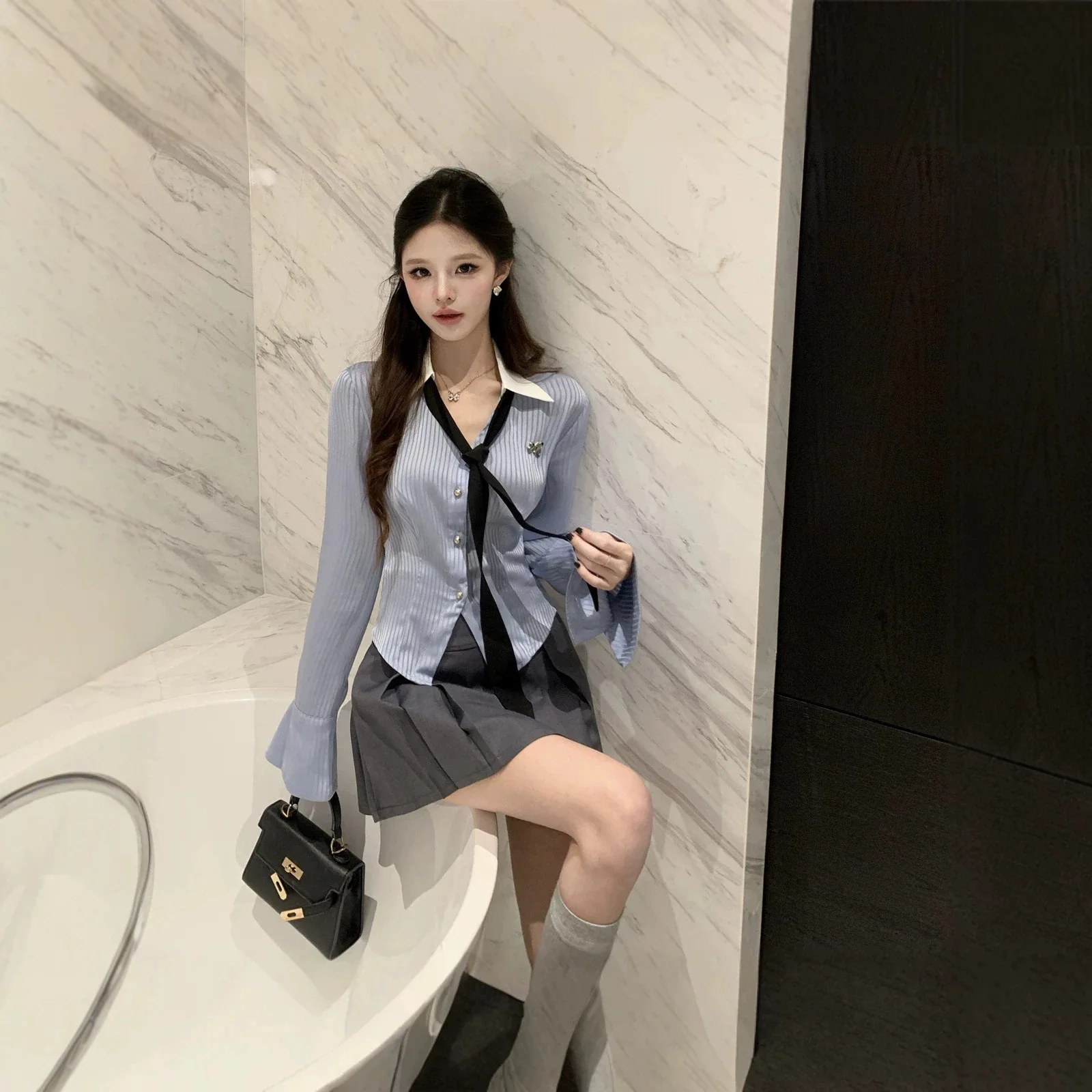 Spring Autumn Korean Style College Wind Set Pure Desire Waist Cinching Long Sleeve Striped Shirt Half Body Short Skirt Set