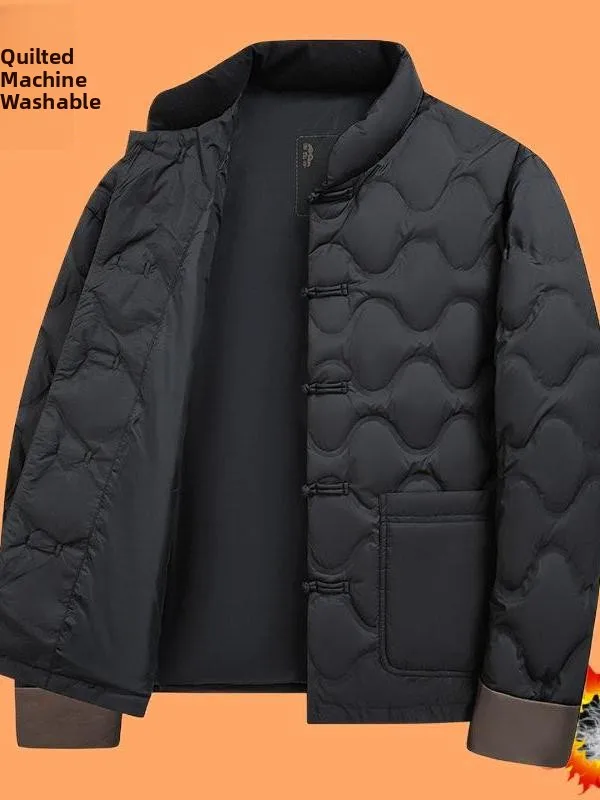

New Chinese Sle Men's down Jaet Retro Stand Collar Dad Clothes Wind Button Lightweight Warm Outerwear Casual Ci Wear