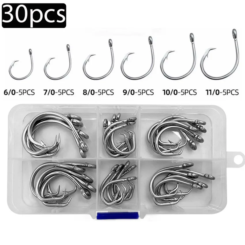 30pcs/box Fishing Hooks Stainless Steel Wide Gap Circle Saltwater Fishing Hook Set Mixed Size Barbed for Tuna Catfish Bass