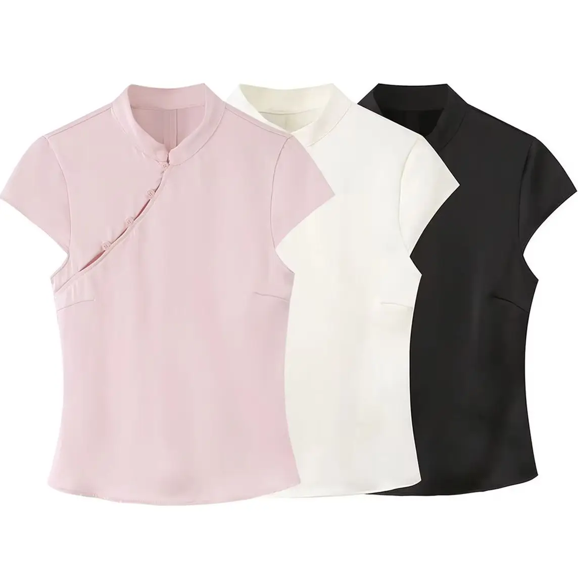 2026 Summer Women's Elegant Chinese Style Pink Silk Satin Tank Shirt Lady Vintage Chic Slim Sleeveless Short Vest Blouse Tops