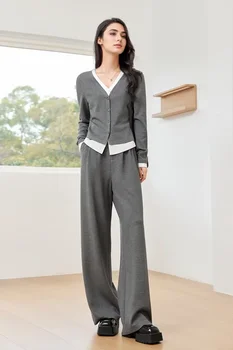 VIMLY-女性用Vネックトップとロングパンツのセット,シンプルなTシャツ,女性用オフィスウェア,カジュアルファッション,フェイクツーピース,秋