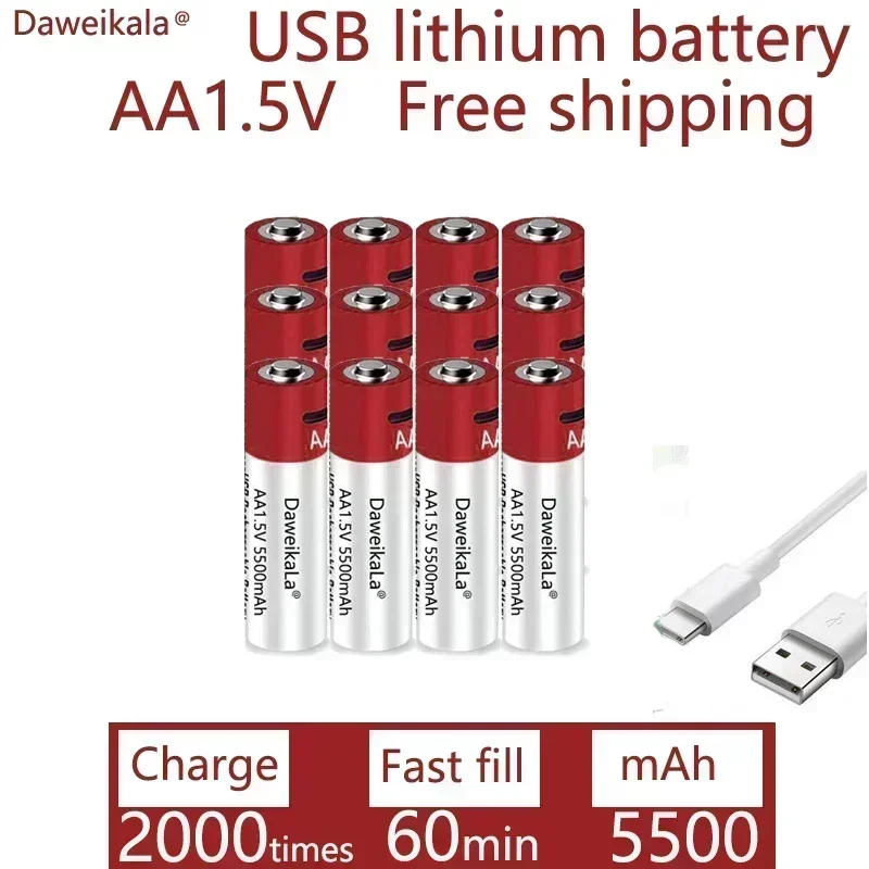 Новые перезаряжаемые батареи USB AA 1,5 В, 5500 мАч, литий-ионный аккумулятор для мыши с дистанционным управлением, электрическая игрушечная батарея + кабель Type-C