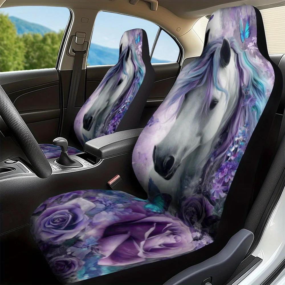 2pcs, Fantasy Horse Purple Flower Butterfly Print Car Seat Covers Stylish Design, Fit For Cars, SUVs, Sedans, Trucks, Durable M