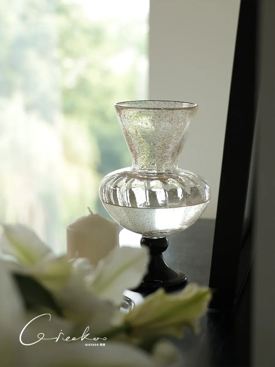 Qikuo home high-end French medieval gold sprinkled light luxury high-legged glass flower arrangement vase living room entrance
