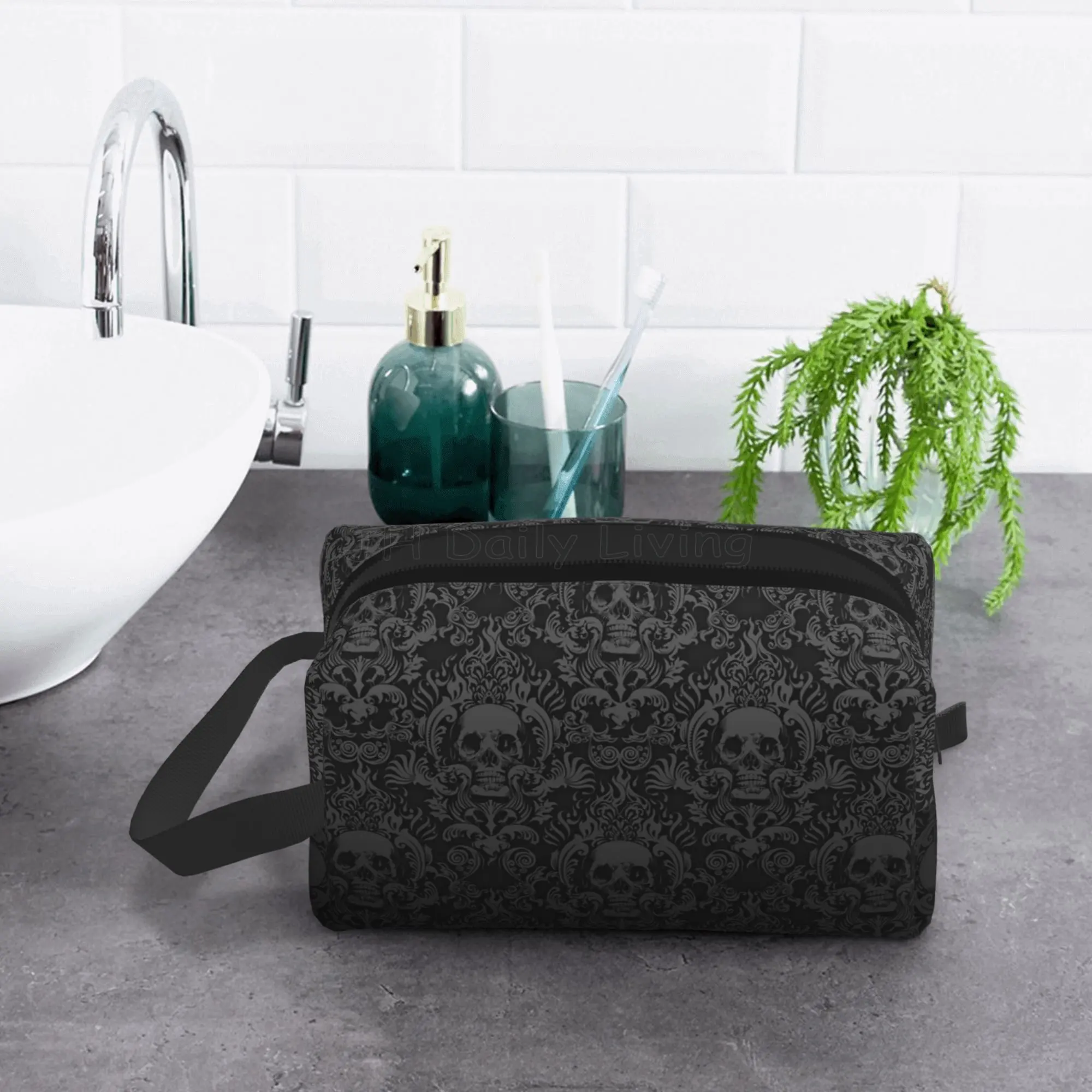 Gothic Black Skull Damask Portable Travel Storage Bags Funny Large Capacity Tote Cosmetic Bag Bathroom Makeup Bag Waterproof