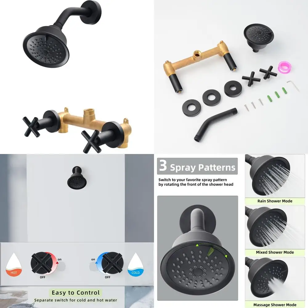 

Dual Handle Wall-Mounted Shower Faucet System with Rainfall Shower Head and Single Function Knobs