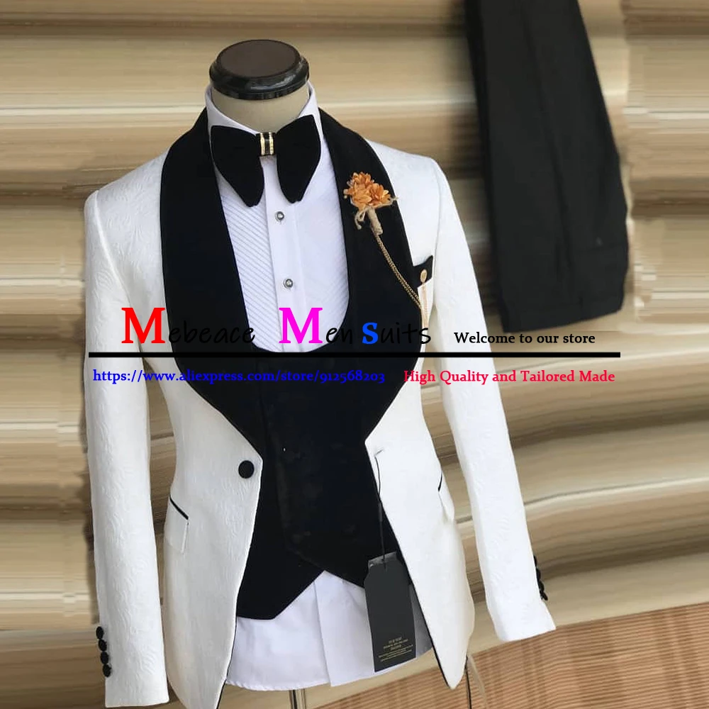 

New Arrival Men Suit Luxury White Jacquard Men's Suit for Wedding 3 Piece Jacket Vest Pants Slim Groom Wedding Dress Blazer Sets