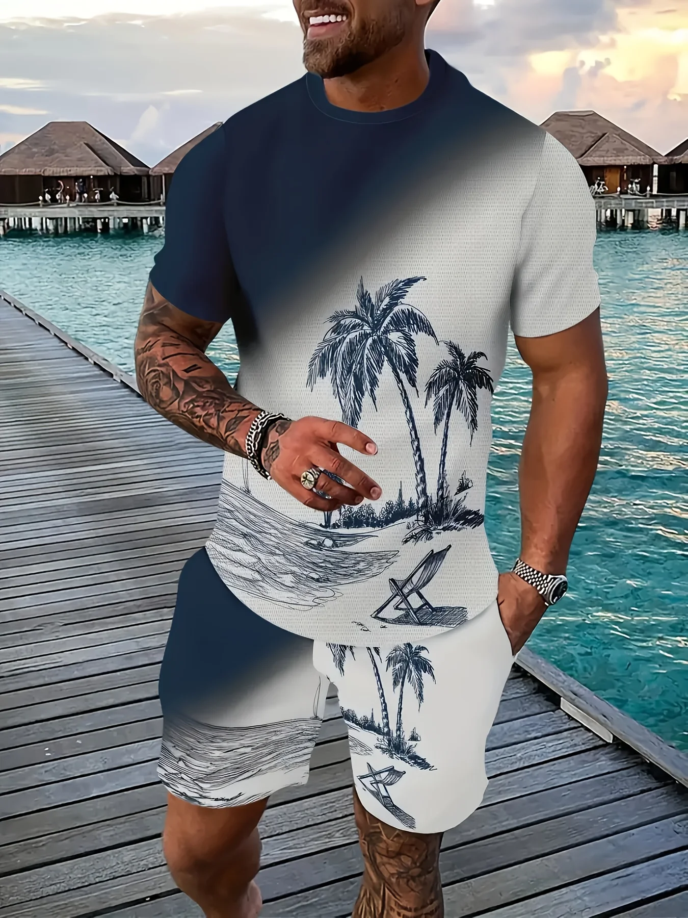Men's 3D Printed Breathable Outdoor Sports Set - Summer T-shirt and Shorts Two Piece Set, Large Size