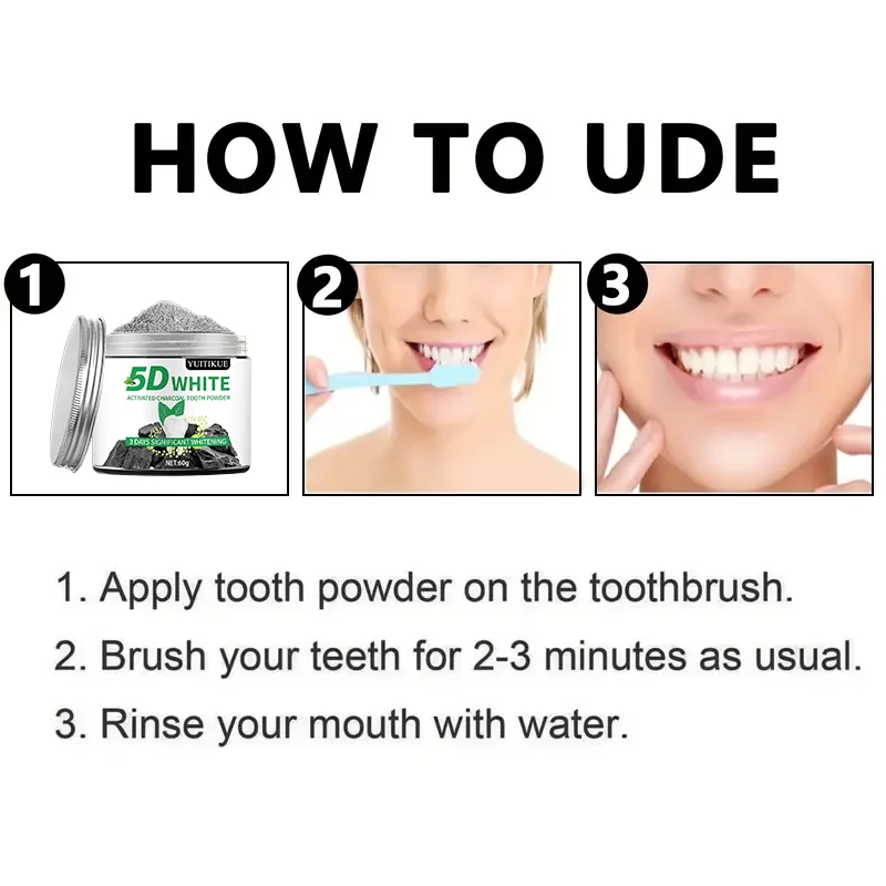 YUlTlKUE 5D White Activated charcoal Tooth Powder Natural Teeth Whitening Oral Care Fresh Breath 60g view 2