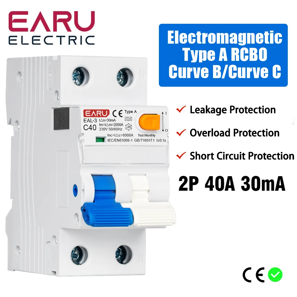 

2P RCBO RCCB Тип A Электромагнитный автоматический выключатель остаточного тока Кривая B/C MCB AC 220 В 40 А 50/60 Гц 30 мА Защита от утечки ﻿