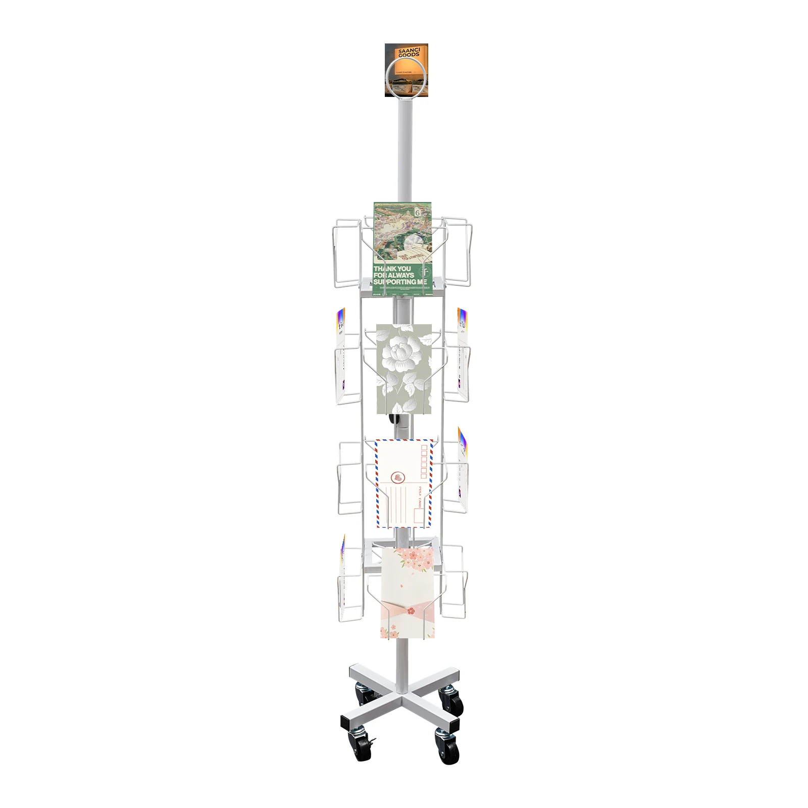 4 Tiers White Rotating Greeting Card Rack, Display Stand Spinning, Pocket Rotating Holder