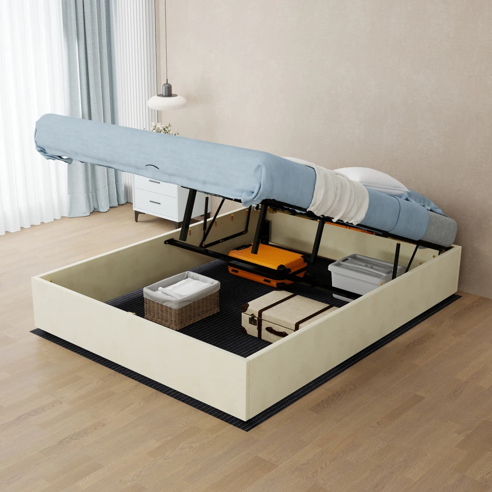 Lit coffre moderne en velours, lit rembourré avec vérins à gaz, structure solide, sommier sans tête de lit ni matelas, chambre adulte