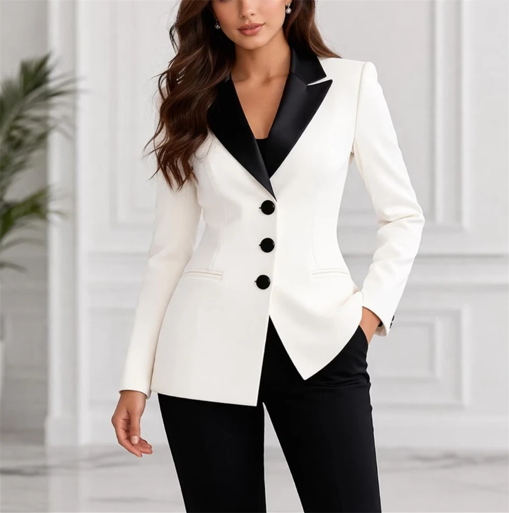 Luxury White Tuxedo Women's Suits 2 Pcs Black Satin Lapel Suit Elegant Formal Office Wear Wedding Guest Outfit Power Set