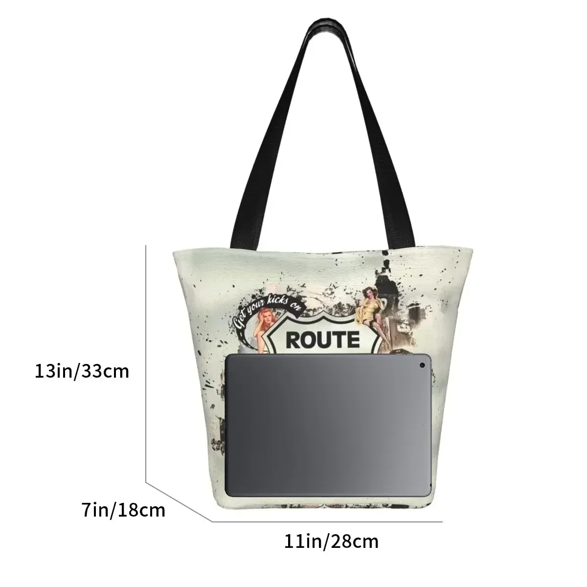 Cute Route 66 Motorcycle Vintage Usa Legend Shopping Tote Bag Reusable Highway Canvas Groceries Shoulder Shopper Bag