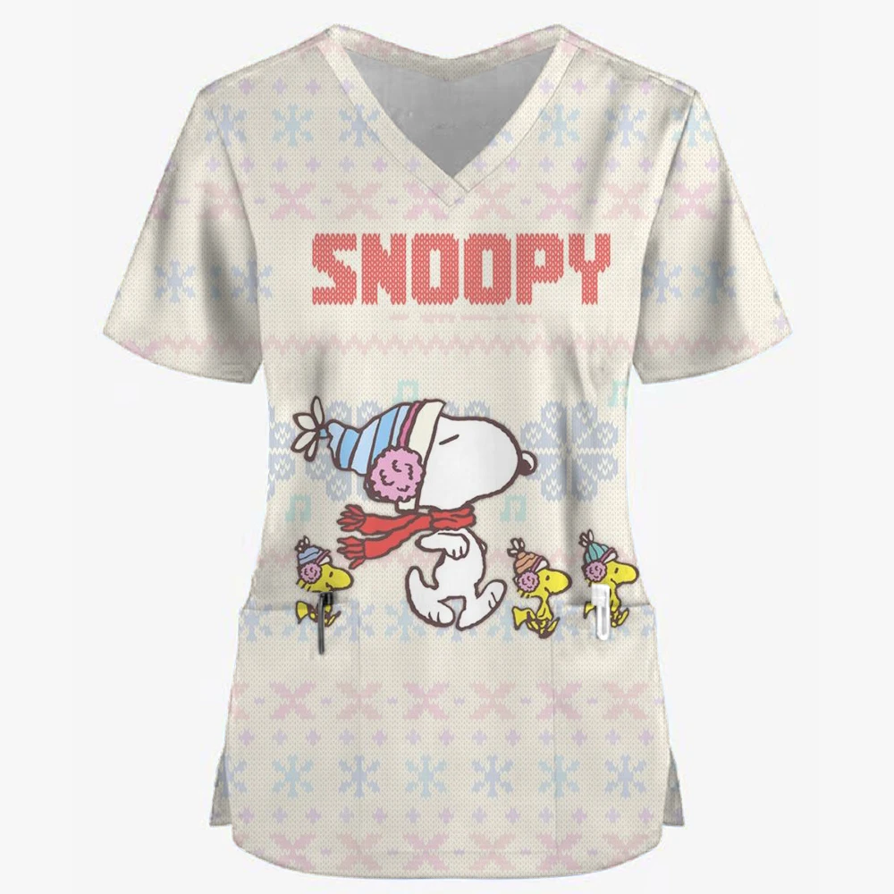 Snoopy print Scrubs Top Women Pockets V-Neck Scrub Uniforms Pet Grooming Nurse Spa Caring Shirt uniformes de enfermería para