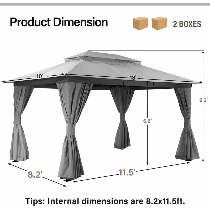 Patio Gazebo 10x13 Outdoor Heavy Duty Party Tent Shelter with Double Roofs Mosquito Nettings and Privacy Screens for Backyard