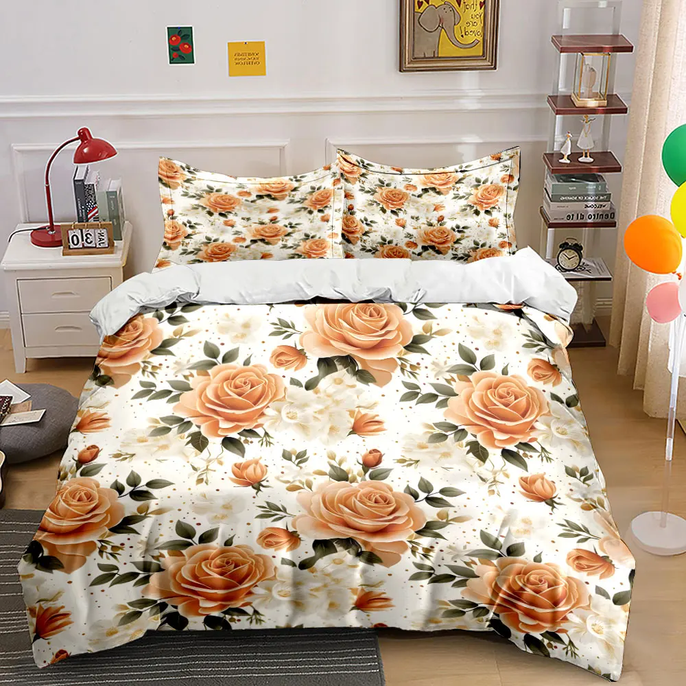 Elegant rose floral seamless Pattern Duvet Cover Set Digital Print Colorful Polyester Bedding with Zipper Closur for kids gifts