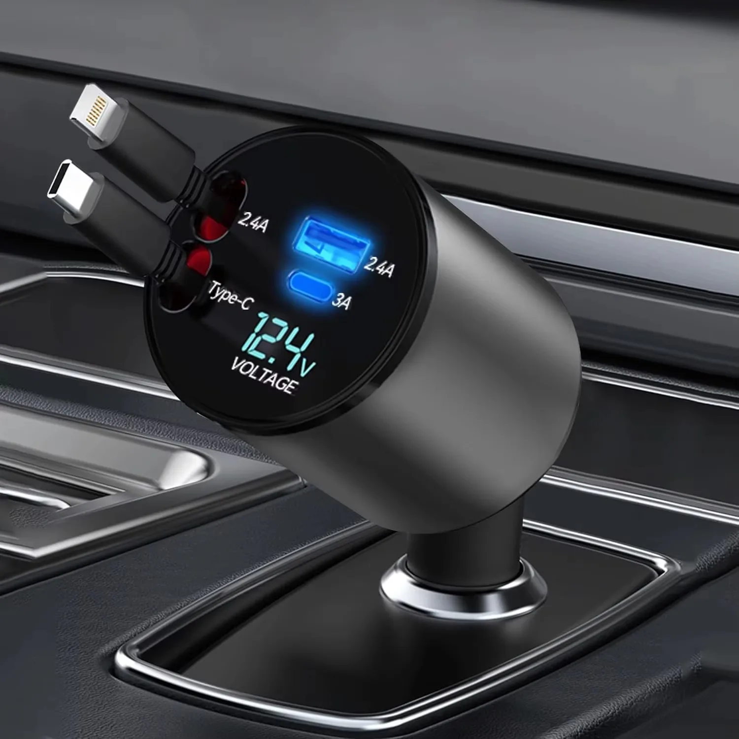 4 in 1 Car Charger 31.5" Retractable Cable 100W Super Fast USB C Car Charger Dual USB Ports Voltage Display For iPhone Samsung