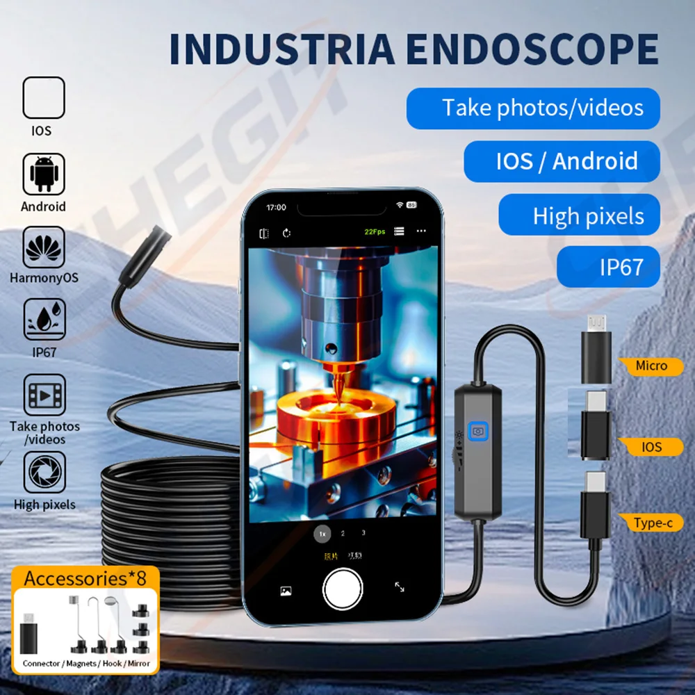 New 2MP Industrial Endoscope Camera HD Mini Inspection Camera for Iphone IOS Android Waterproof Pipeline Borescope Type C micro