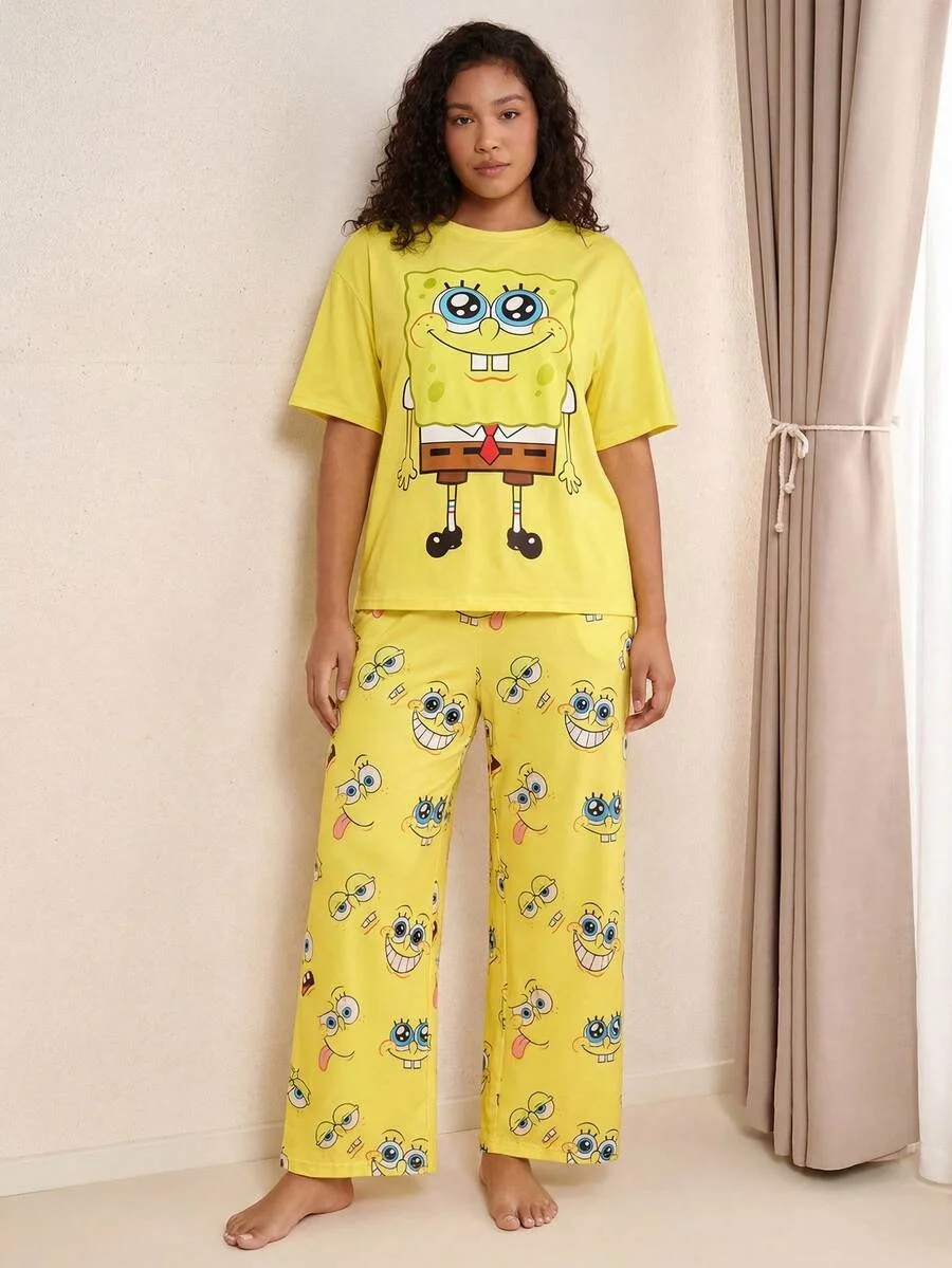 Gelbes SpongeBob Schwammkopf Sommer Kurzarm-Hosen-Set Niedliches Cartoon-Loose-Fit Hausanzug Zweiteiler – Detail 7