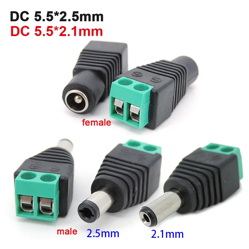 DC電源オスプラグジャックアダプターコネクター、単色LEDライト、cctv、12v、2.5x5.5mm、5.5x2.1mm