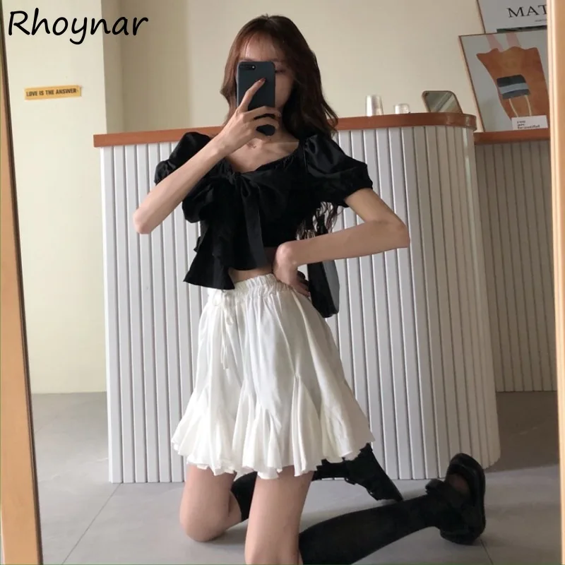 Mini Skirts Women Summer Lovely Students Elastic Waist Ruffles Lace-up Korean Style All-match Simple Leisure A-line Elegant Cozy