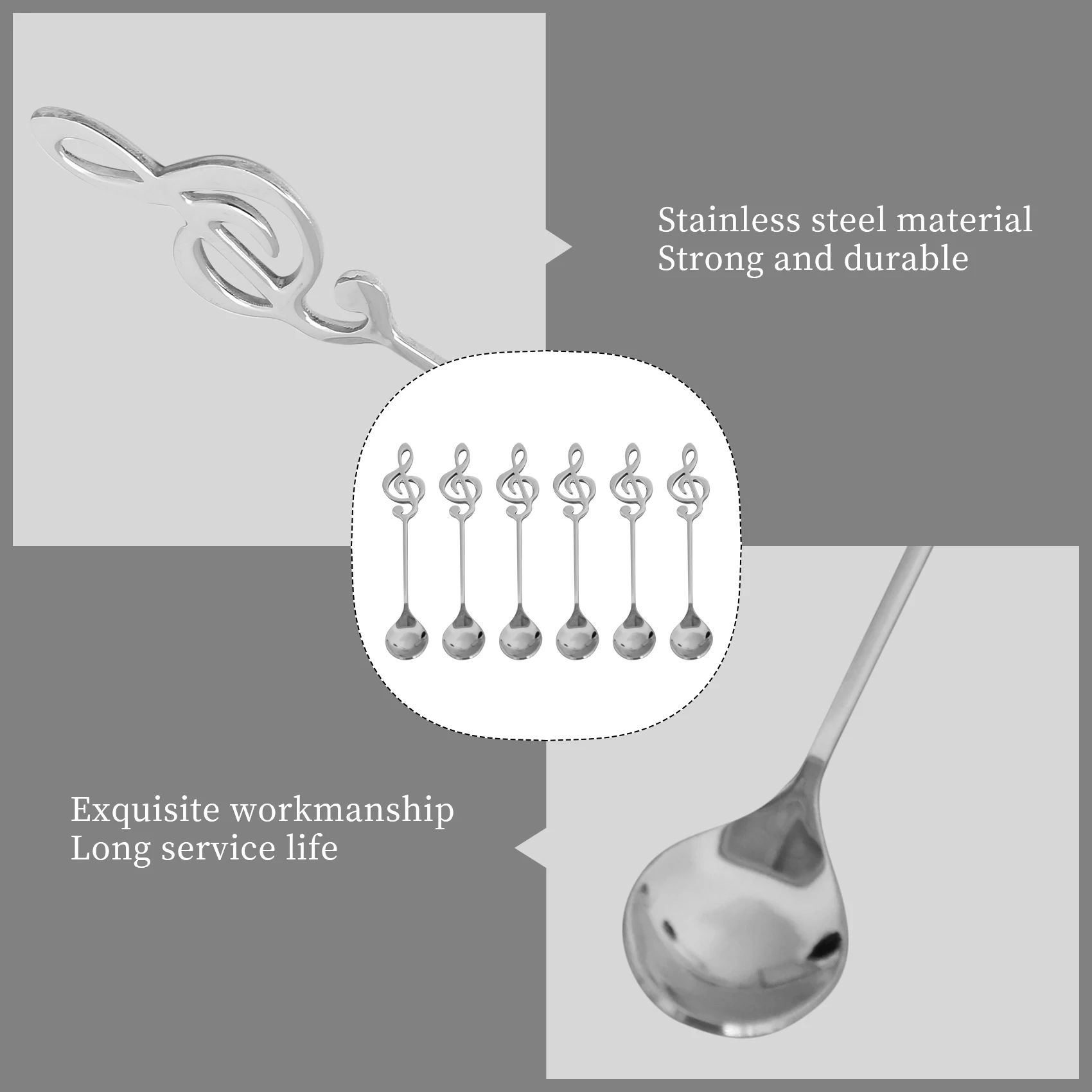AA05 6 Pack Cute Teaspoons Stainless Steel Musical Notation Shaped Coffee Spoons Dessert Cake Ice Cream Sugar Spoon view 2