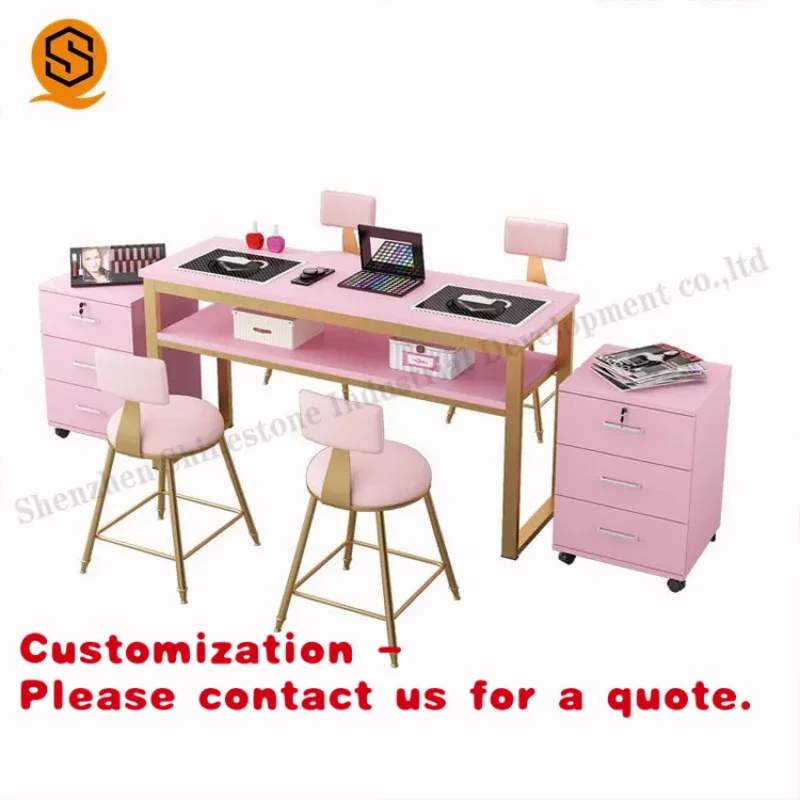 

Customize.Good Quality Manicure Table Nail Chairs Wooden Drawer and Cabinet Three Persons Sitting