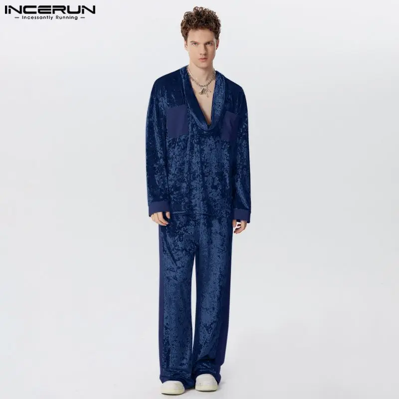 INCERUN Men Sets Solid Color Velour Patchwork V Neck Long Sleeve T Shirt & Pants 2PCS Streetwear 2024 Fashion Men's Casual Suits