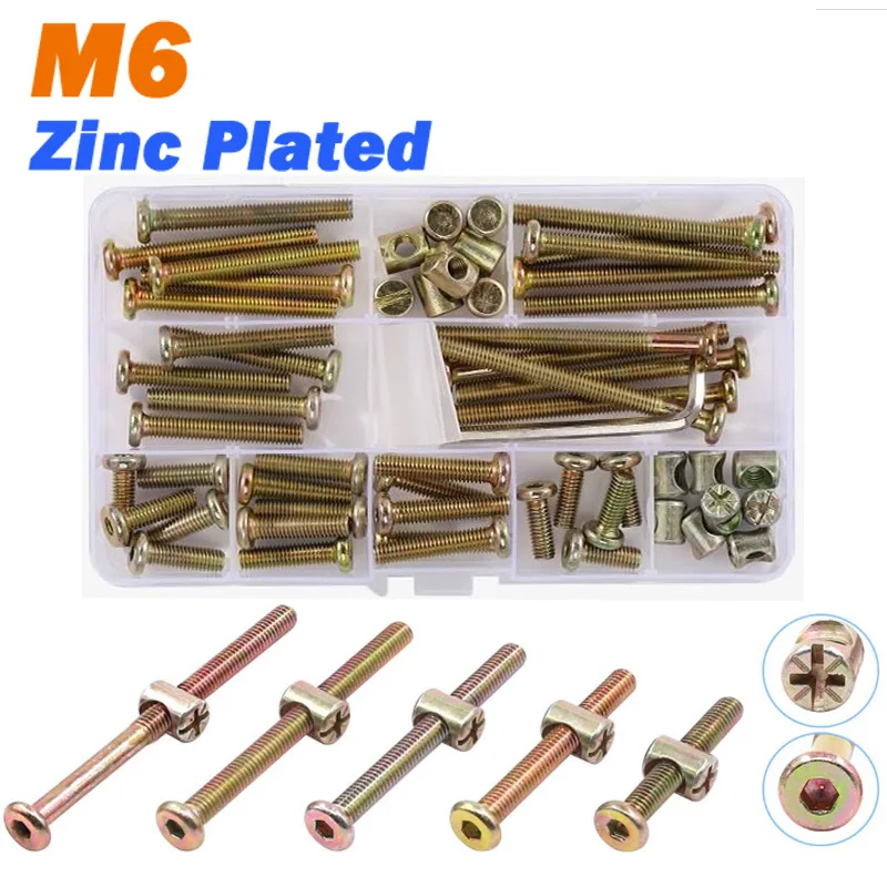 

1Box Hexagon Hex Socket Furniture Screw Nut Set M6 Zinc Plated Threaded Bolts With Phillips Barrel Nuts Assortment Kit