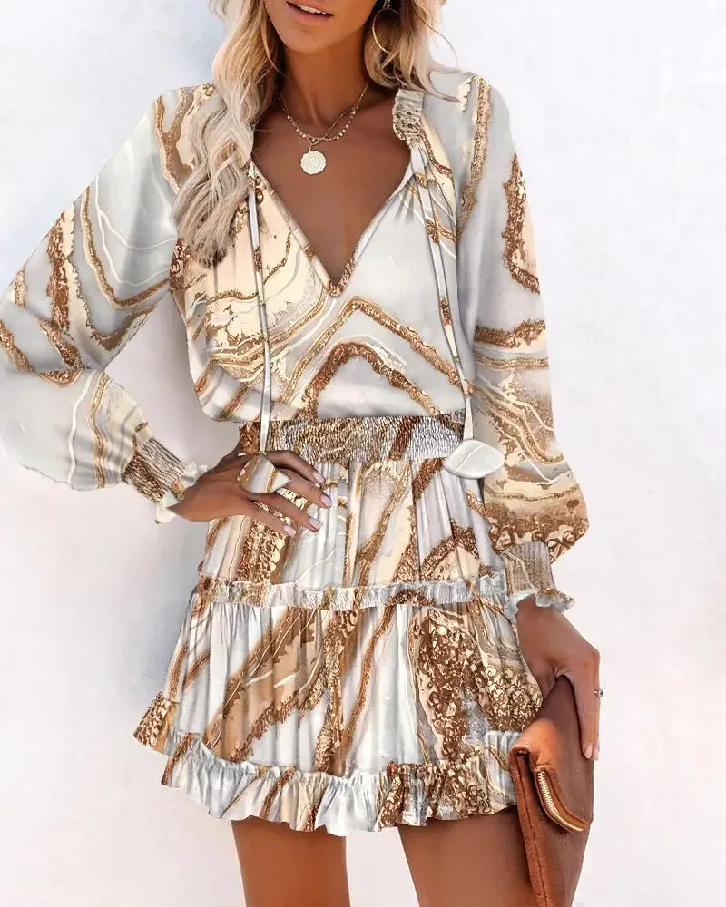 เดรสรัดเอวแขนยาวคอวีพิมพ์ลายแฟชั่นดีไซน์ไม่เหมือนใครโชว์เสน่ห์ส่วนตัว