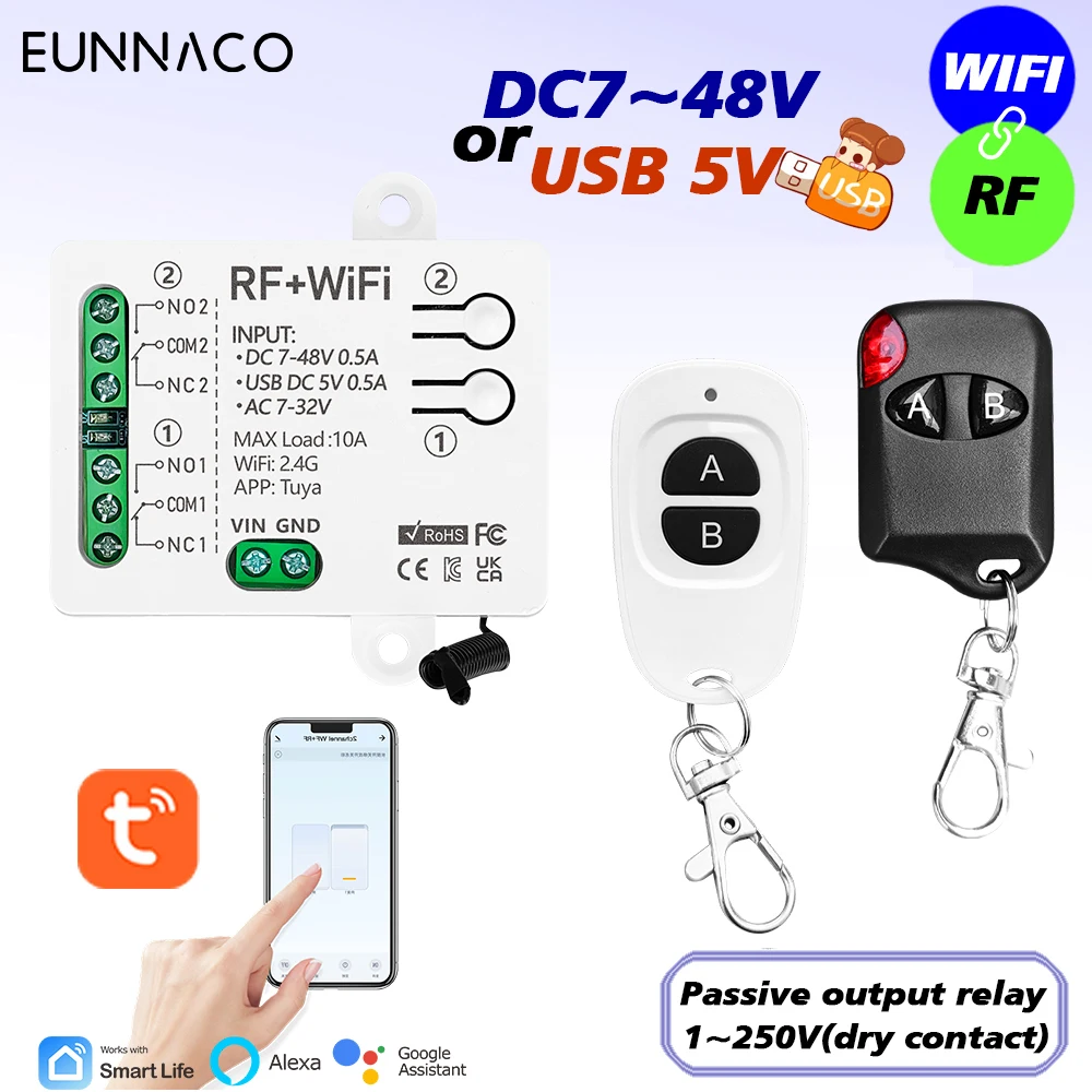 

RF Wireless remote control switch TUYA WiFi smart home DC12V 24V 48V 2CH dry contact relay for Garage Light Surveillance camera