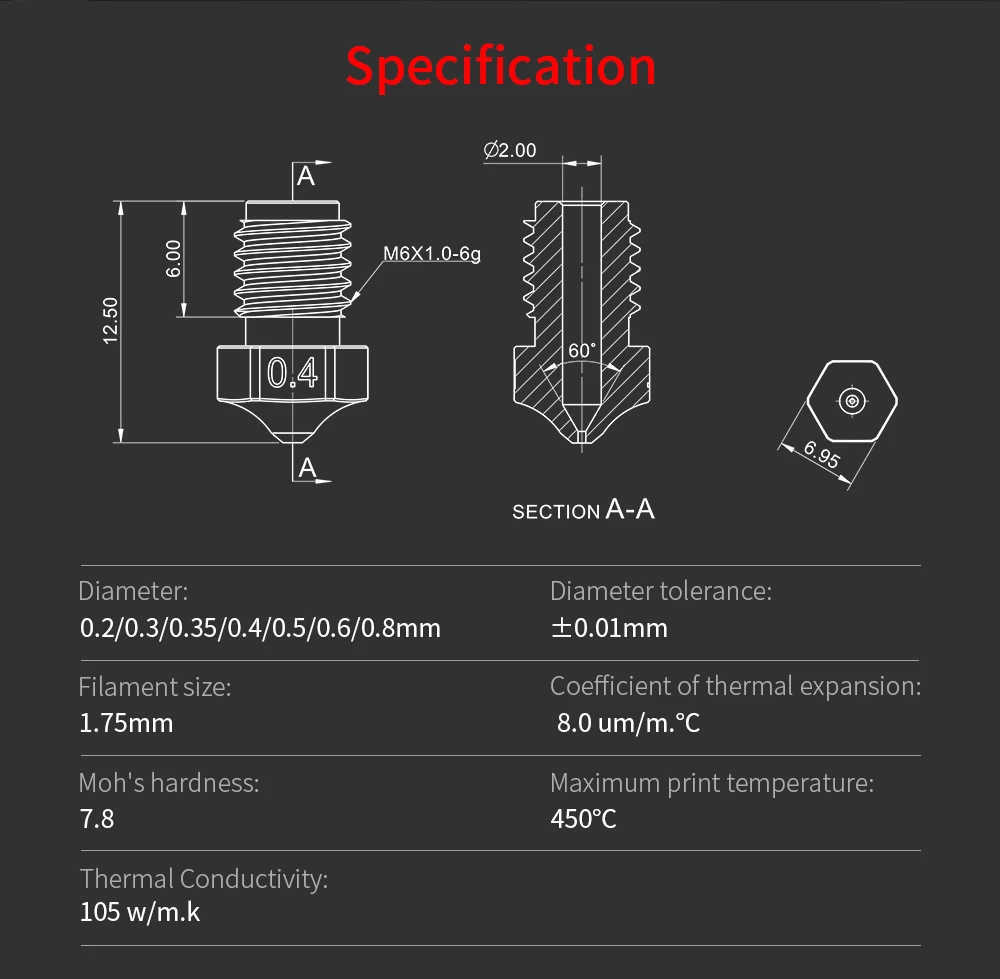 PHAETUS Wysokiej Jakości Hartowana Stal 450 °   Dysza C 1,75 mm do drukowania filamentem PEI, PEEK lub włókna węglowego dla Voron2.4 V6 HOTEND — zdjęcie produktu 5