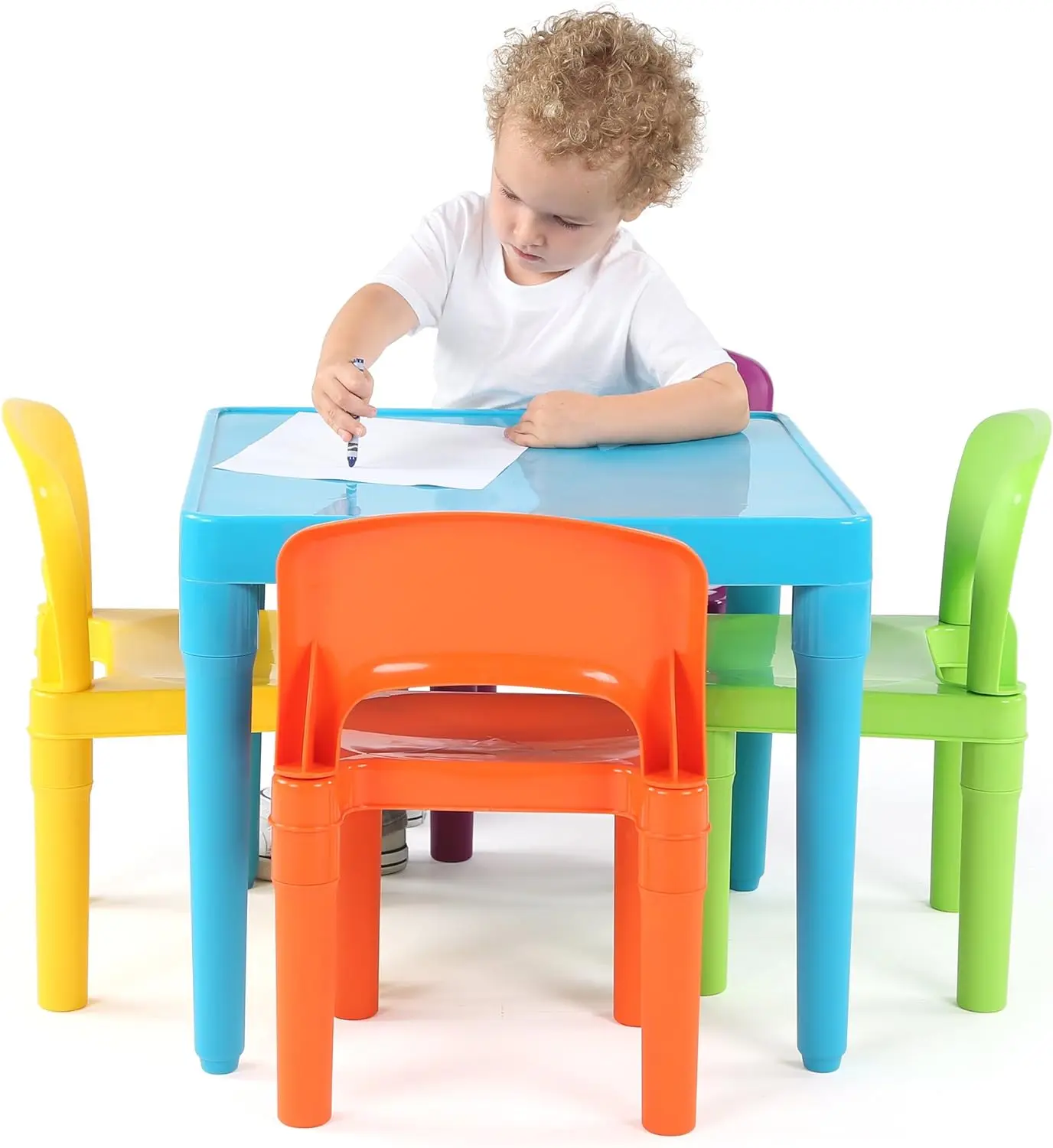 Crew, Blue Table & Red/Green/Yellow/Purple Kids Lightweight Plastic Table and 4 Chairs Set, Square