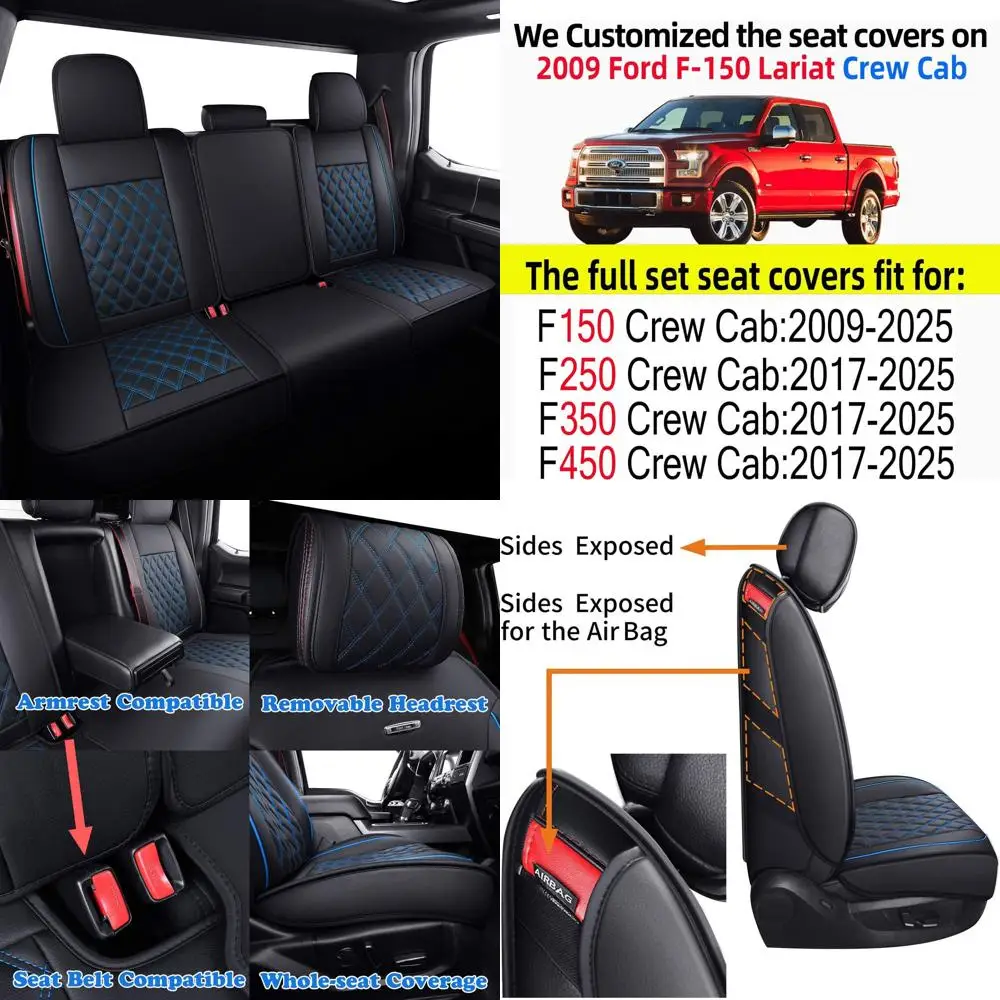 

Full Set Car Seat Covers Custom Fit 2009-2025 Ford F150 Crew Cab, 2017-2025 F250 F350 F450 Super Duty Pick-up Truck, Automotive
