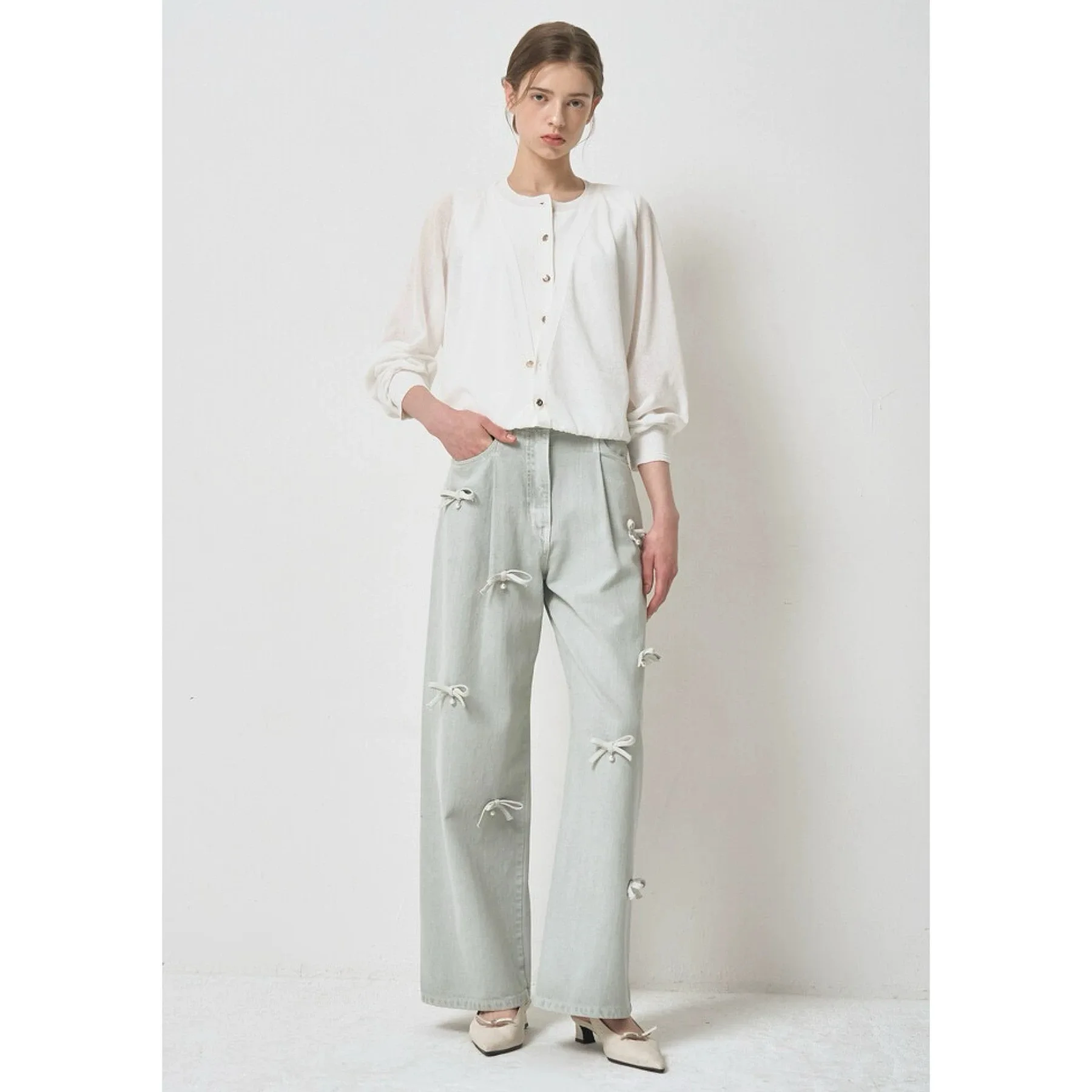 Sweet  Knot Embellished Wide Leg Casual Versatile Denim Jeans Lemon Remote Commute Style Straight Leg Cotton Blend