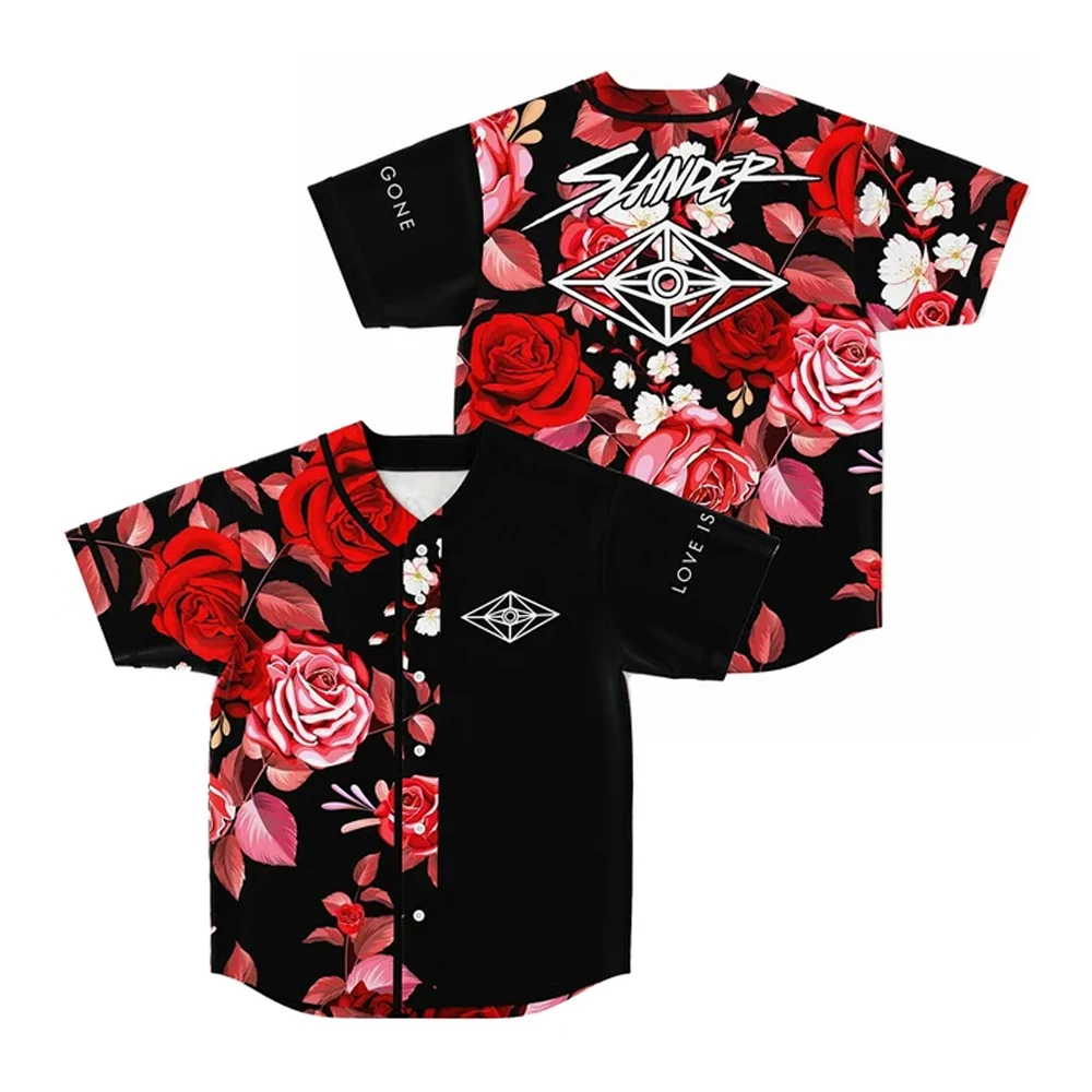 

Slander Love is Gone Rose Baseball Jersey V-Neck Short Sleeve Button-Down Shirts Women Men Streetwear Tops