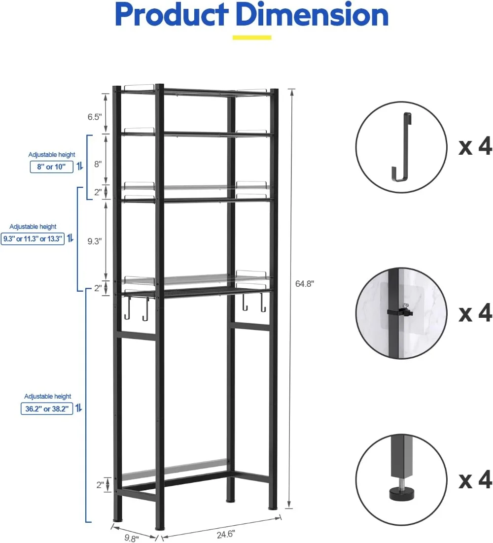 

4-Tier Over Toilet Storage Rack, Adjustable Height Bathroom Organizer Shelf with Hooks, Space Saver for Small Apartments