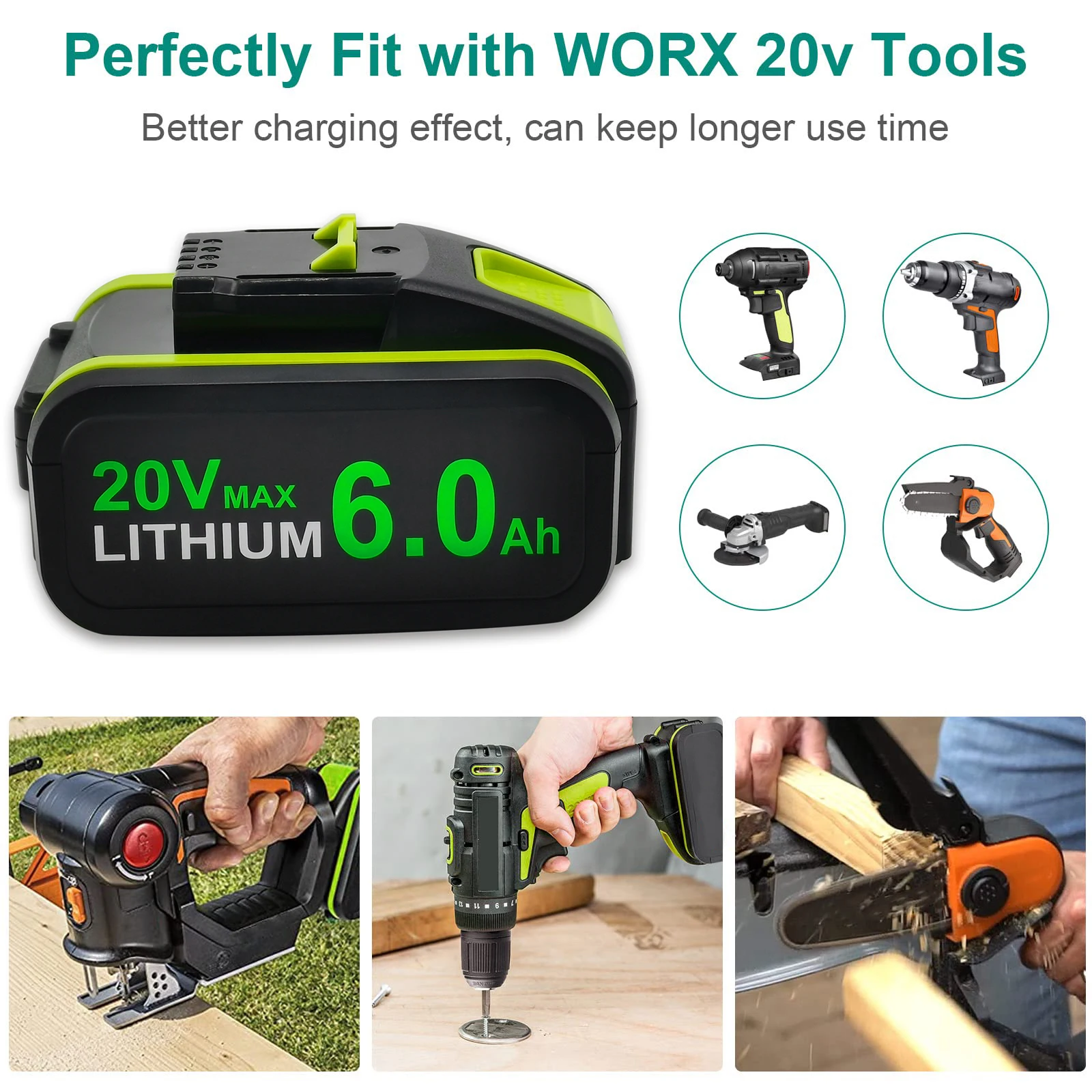 Powtree WA3553/WA3551 for Worx 20V Battery Replacement Li-Ion Cordless Power Tools WA3551 WA3572 WA3553 WX390 WX176 WX178 WU268