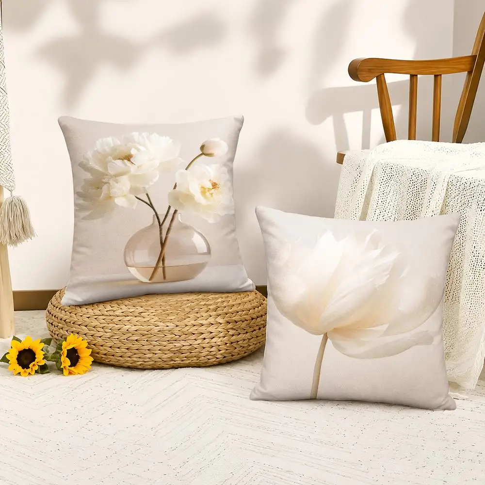 Minimal White Flower Closeup Cushion Cover Silky Short Plush Invisible Zipper Dustproof Sofa Pillow Case For Home Decor