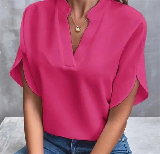 NONE 1 stücke Frau Neue Sommer Einfarbig Shirts Dame Casual Kurzarm V-ausschnitt Kragen Lose Shirts Weibliche Mode Pullover Tops 7