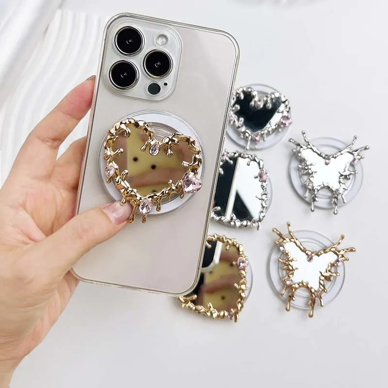 

Luxury Alloy Heart-Shaped Phone Holder Makeup Mirror Socket Grip For Magsafe iPhone 15 16 Plus 13 12 11 Pro Max Finger Bracket