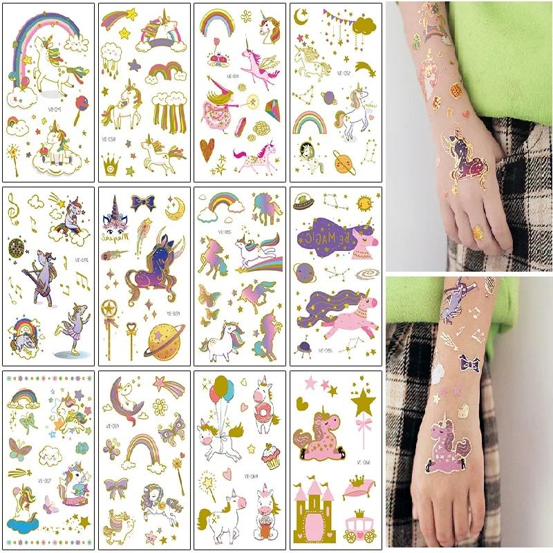 12 Sheet Gold Metal Flash Tattoo Unicorn Rainbow Waterproof Temporary Tattoo Sticker Body Art Face Tattoo Dinosaur Tattoo