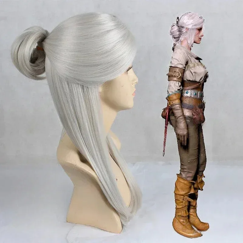 Witcher3 البرية هانت سيري شعر مستعار تأثيري فضي أبيض الاصطناعية طويل مستقيم شعر مستعار Coser لطيف فتاة عالية الجودة حفلة الهالوين