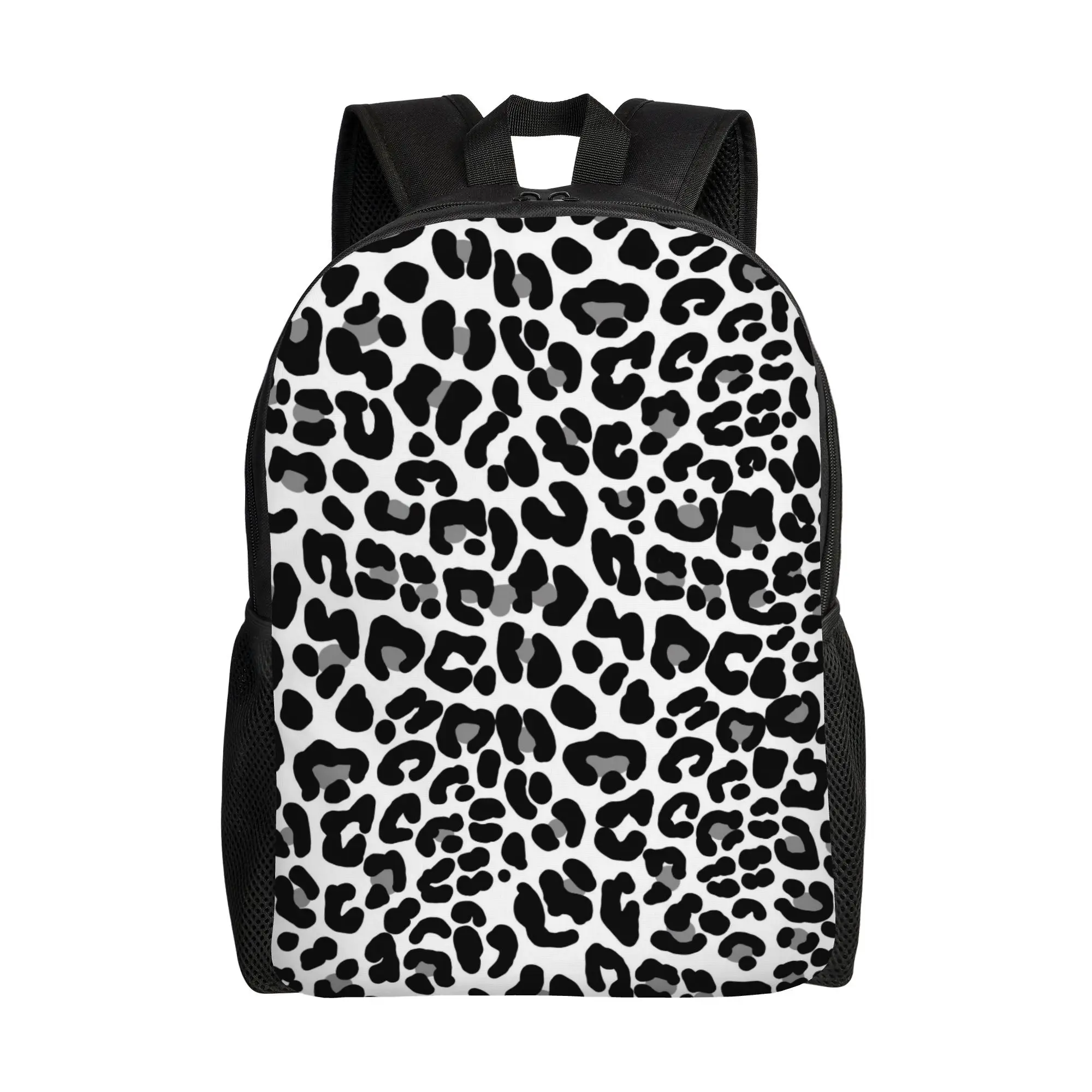 

Classic single layer backpack with black and white snow leopard print design, perfect for everyday essentials. Idea