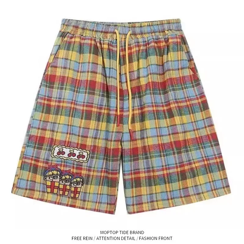 

Summer 2026 Dopaamine Cartoon Embroidered Plaid Loose Wide Leg Casual Five-Quarter Length Shorts for Men And Women