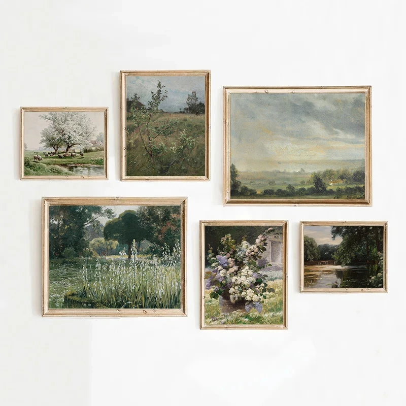 Antique French Country Meadow Vintage Spring Landscape Poster Canvas Painting Wall Art Pictures Home Farmhouse Decor